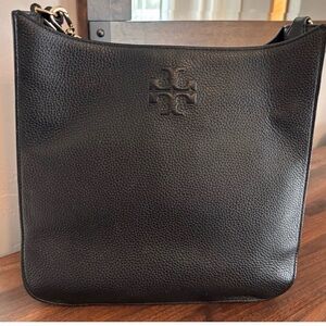 Tory Burch Thea Web Pebble Leather Lg Black Shoulder Bag - pre owned